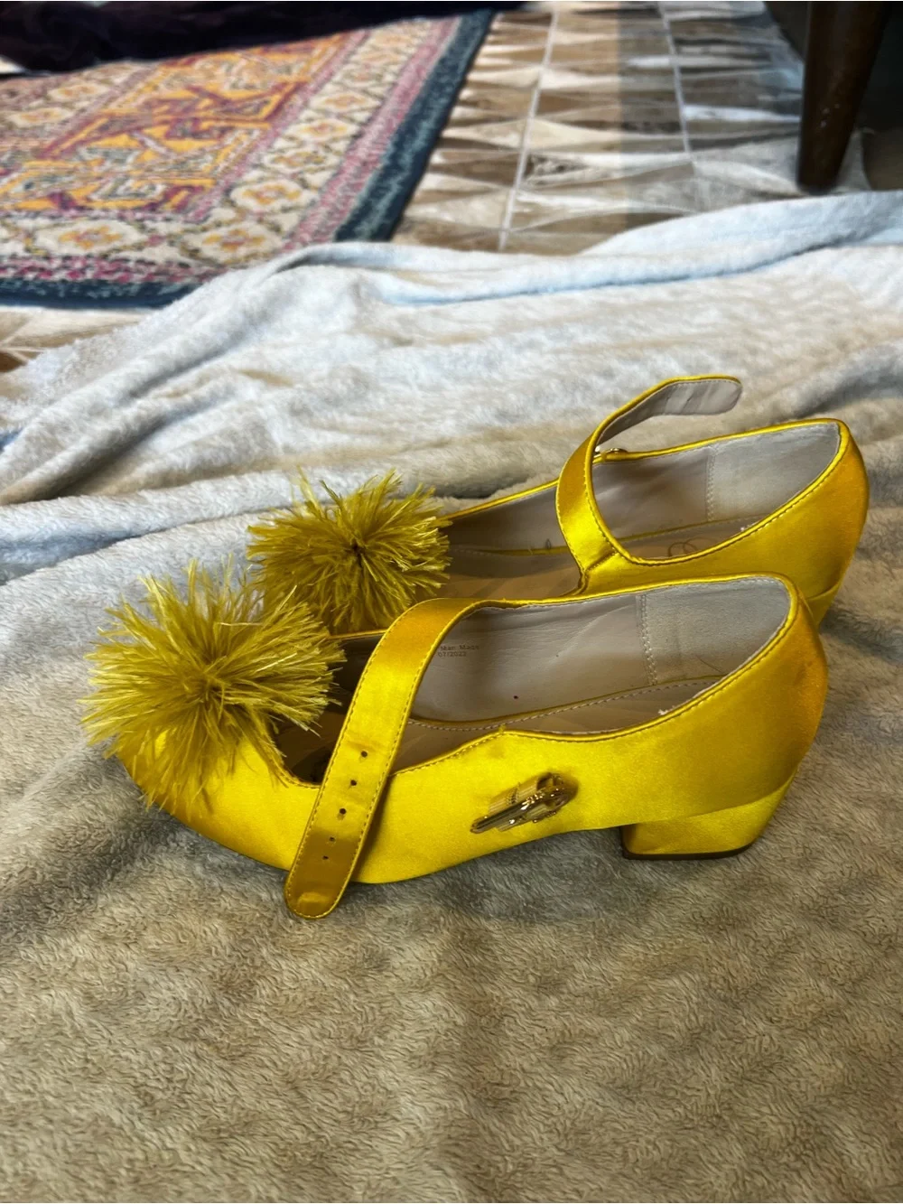 Kids Yellow Pom Mary Jane Heels